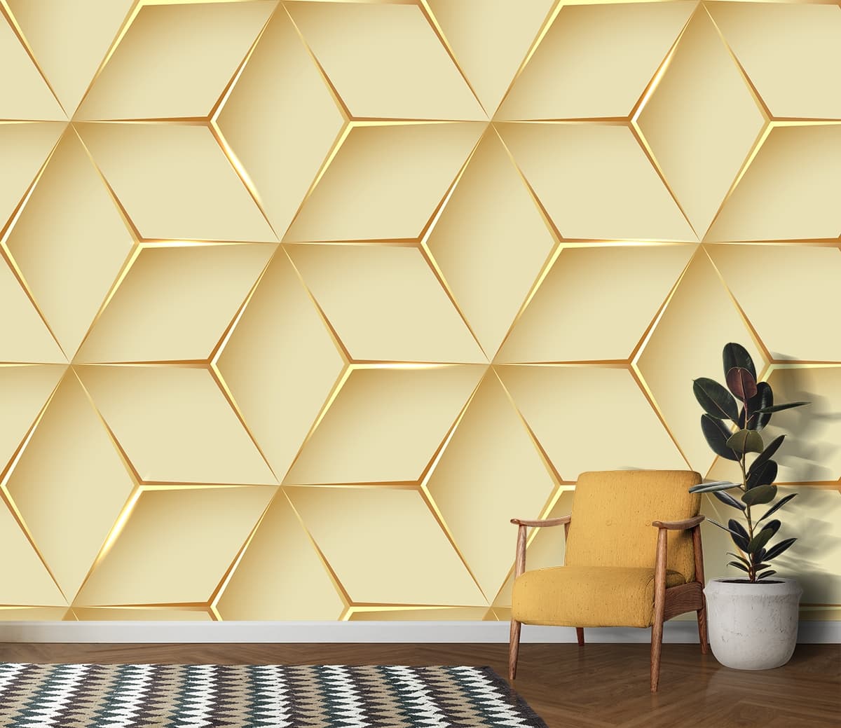 Luxurious White and Gold Geometric Wallpaper shown in a room