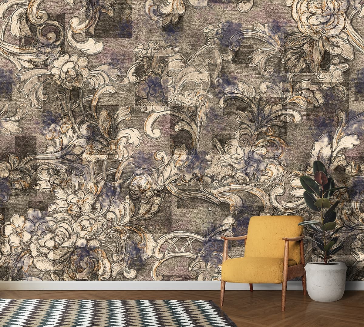 A pattern of flowers on a checkered surface shown in a room