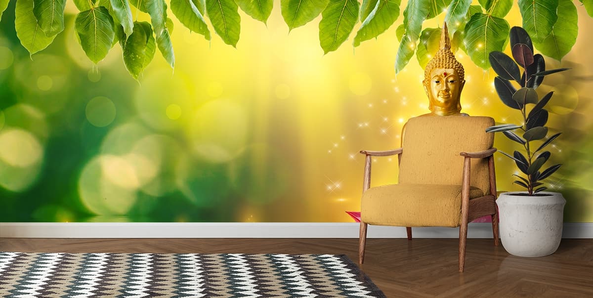 Buddha Statue on Lotus Surrounded by Water wallpaper shown in a room