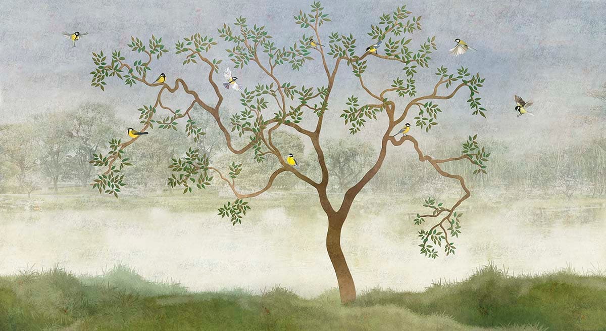 Birds Sitting on Tree Branches Mural Wallpaper pattern detail