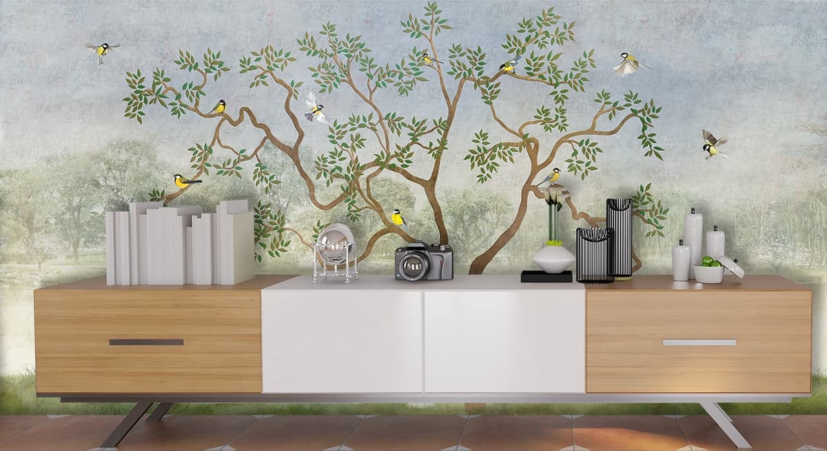 Birds Sitting on Tree Branches Mural Wallpaper shown in a room