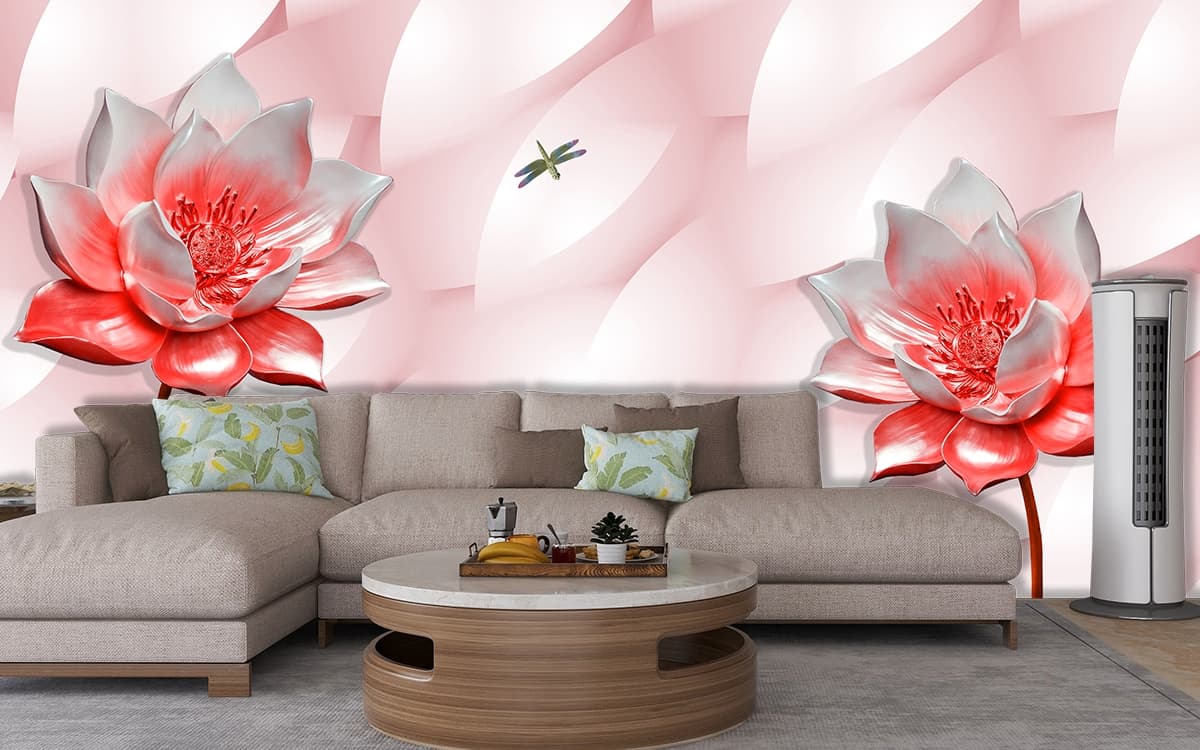 A wallpaper with flowers and dragonflies shown in a room