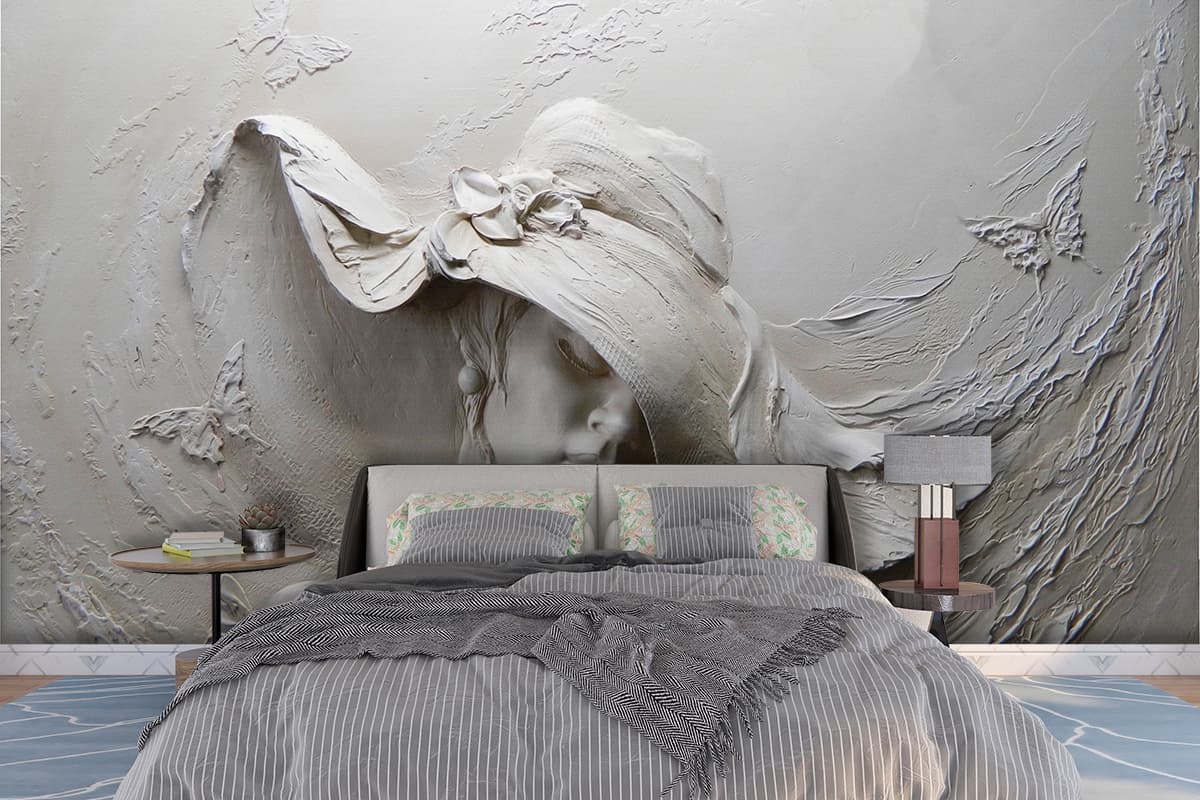 Sculpture of Woman in Hat Artistic Wall Mural Wallpaper shown in a room