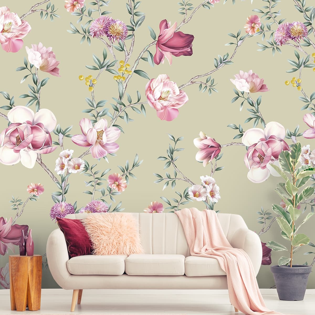 Natural Flower Pattern on Beige Wall Decor wallpaper shown in a room