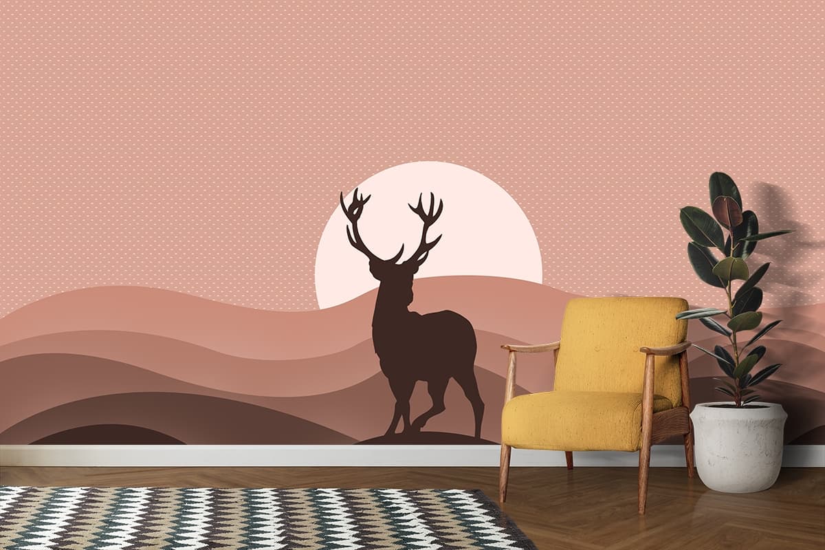 Nature Deer Silhouette Desert Minimal Design Wallpaper shown in a room