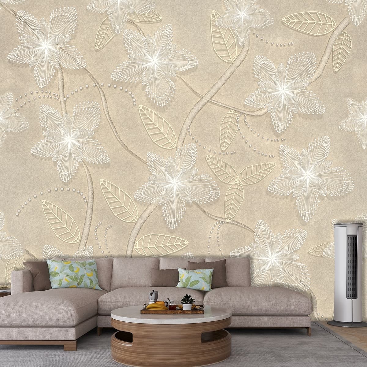 Aesthetic White and Gold Floral Print Wallpaper shown in a room