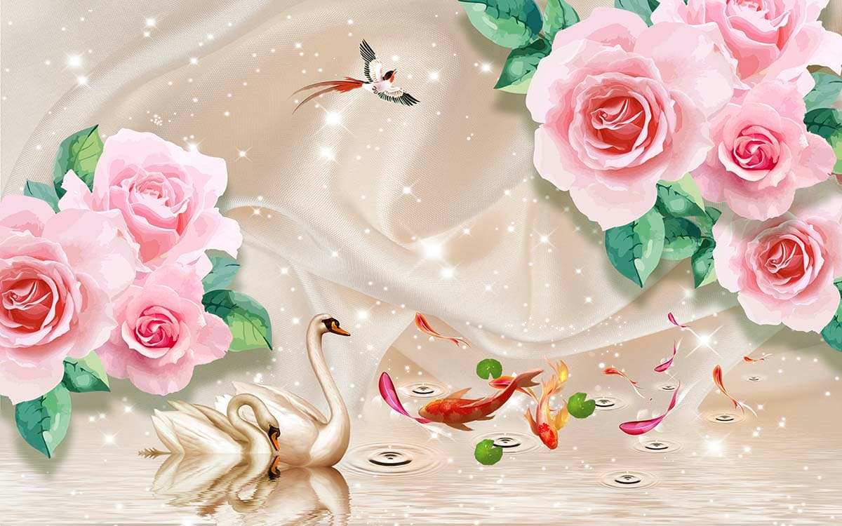 Swan and Koi Fish in Water with Pink Roses Wallpaper pattern detail