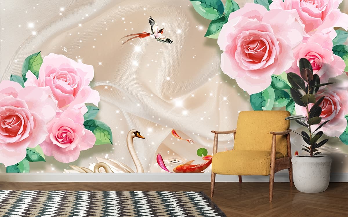 Swan and Koi Fish in Water with Pink Roses Wallpaper shown in a room