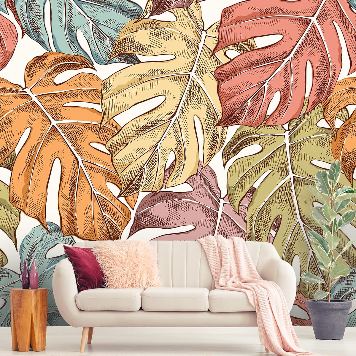 A colorful leaves on a white background shown in a room