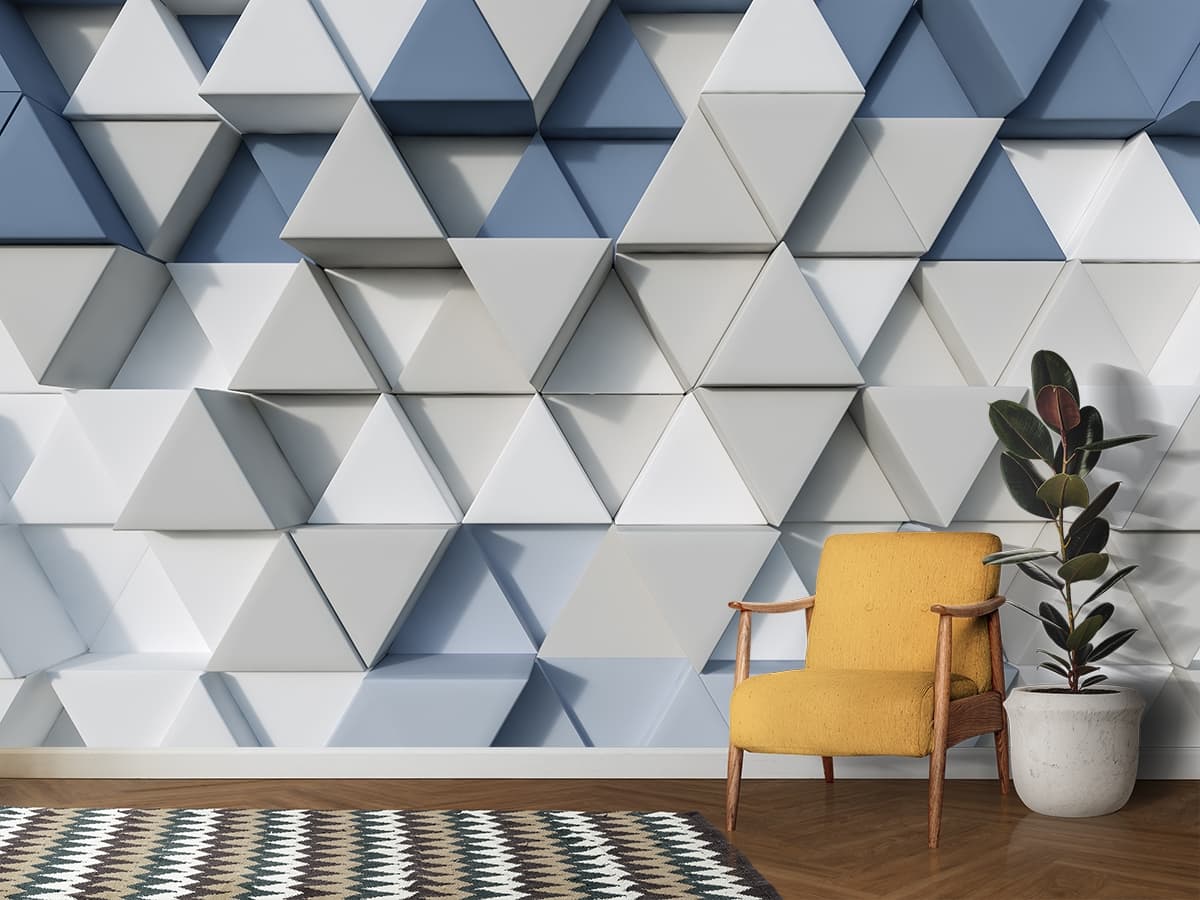 White and Blue Triangles, 3d Wallpaper shown in a room