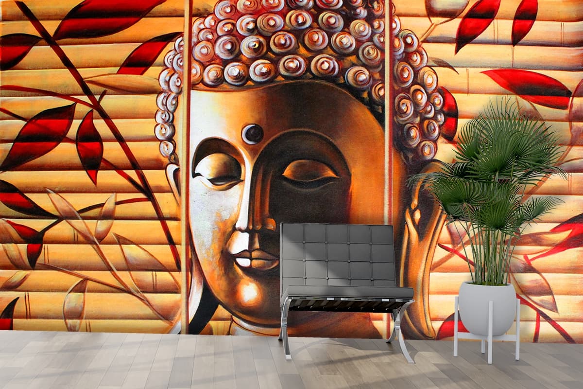 Peaceful Buddha Art Painting Wallpaper shown in a room