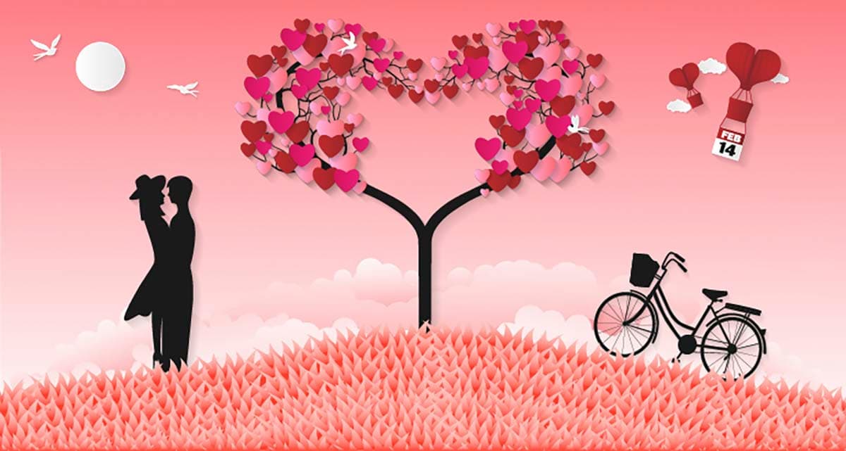 Romantic Heart Tree with Bicycle Love Theme Wall Design Wallpaper pattern detail
