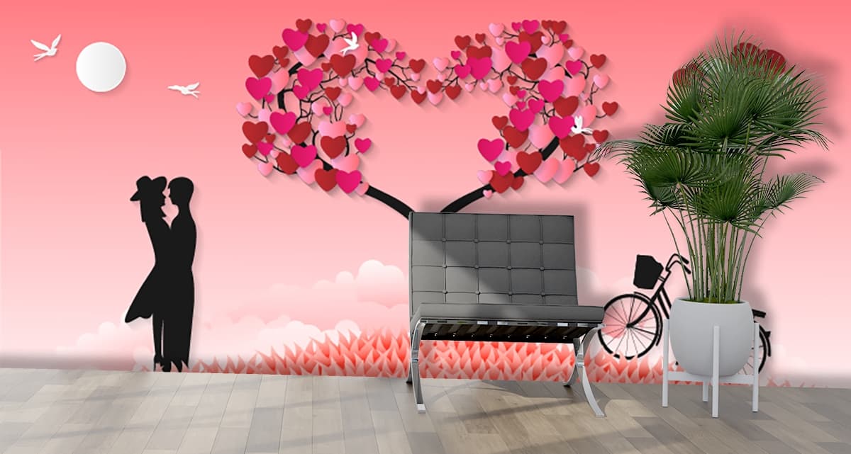 Romantic Heart Tree with Bicycle Love Theme Wall Design Wallpaper shown in a room