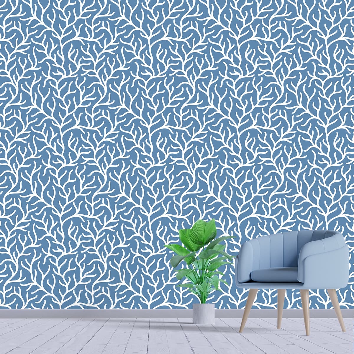 Blue and White Coral Reef Pattern Wallpaper for Walls shown in a room