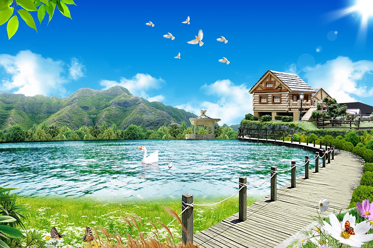 Wooden Walkway to Lake House View Wallpaper pattern detail