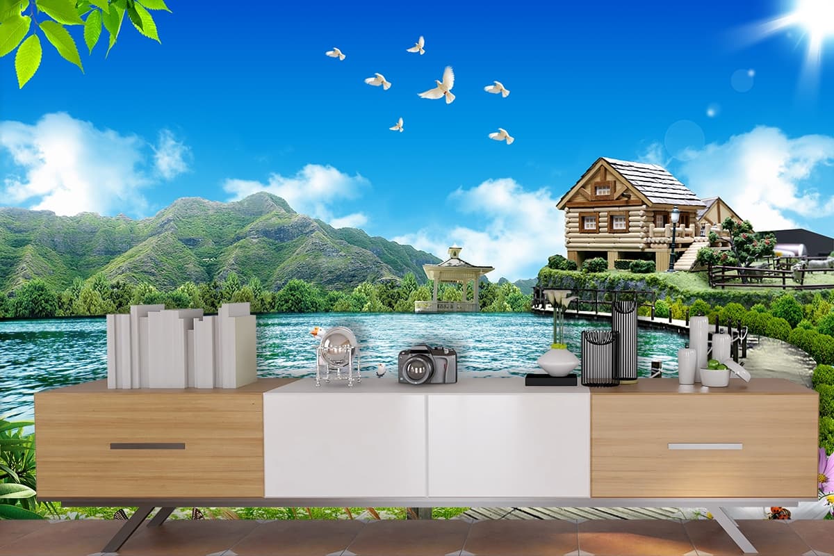 Wooden Walkway to Lake House View Wallpaper shown in a room