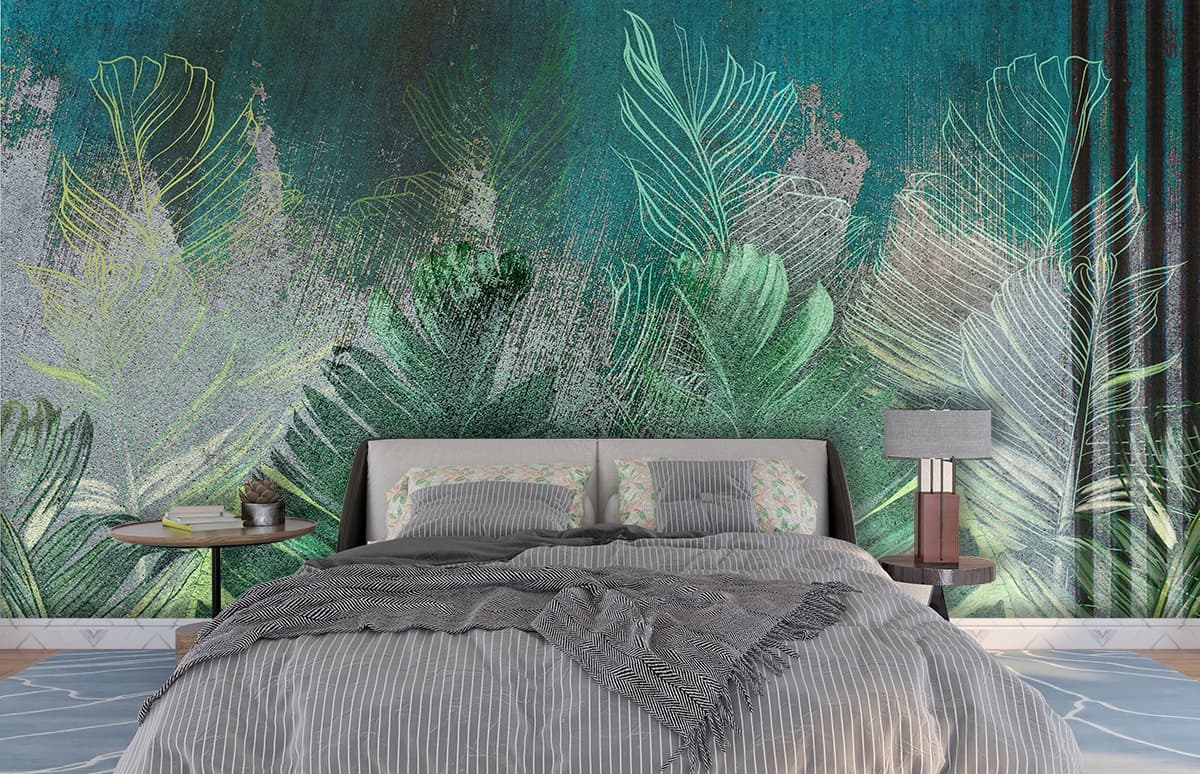 Grunge Leaf Mosaic Wallpaper shown in a room