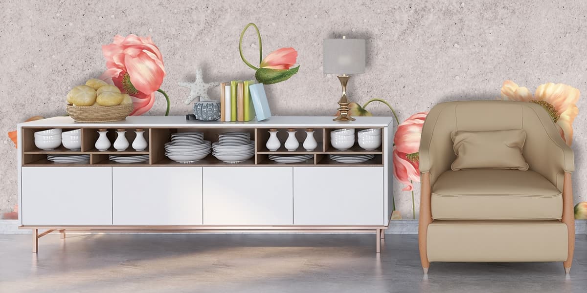 A Wallpaper for Wall of Vintage Flowers and Leaves shown in a room