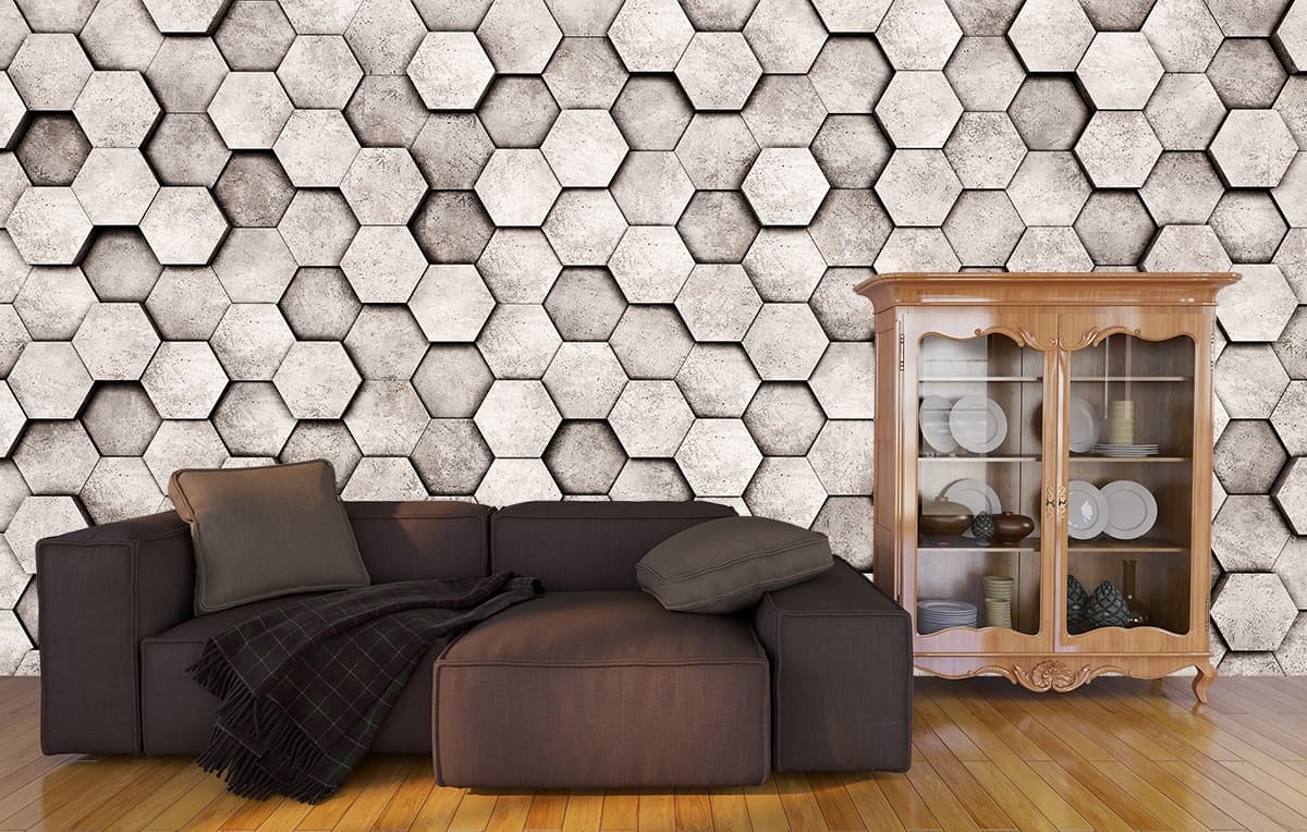 Abstract Close Up Hexagon Tile Texture Design Wallpaper shown in a room