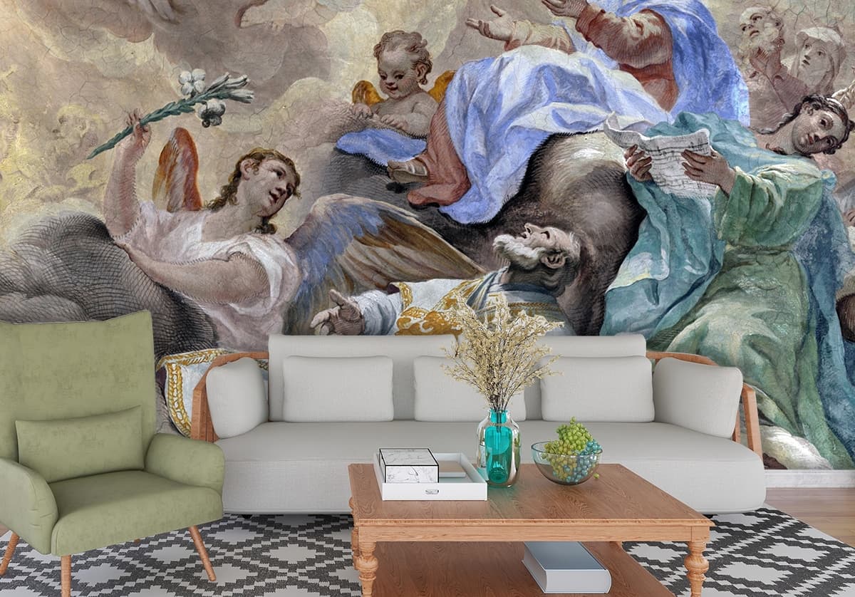 Spiritual Angels and Cherubs Art Scene Wallpaper shown in a room
