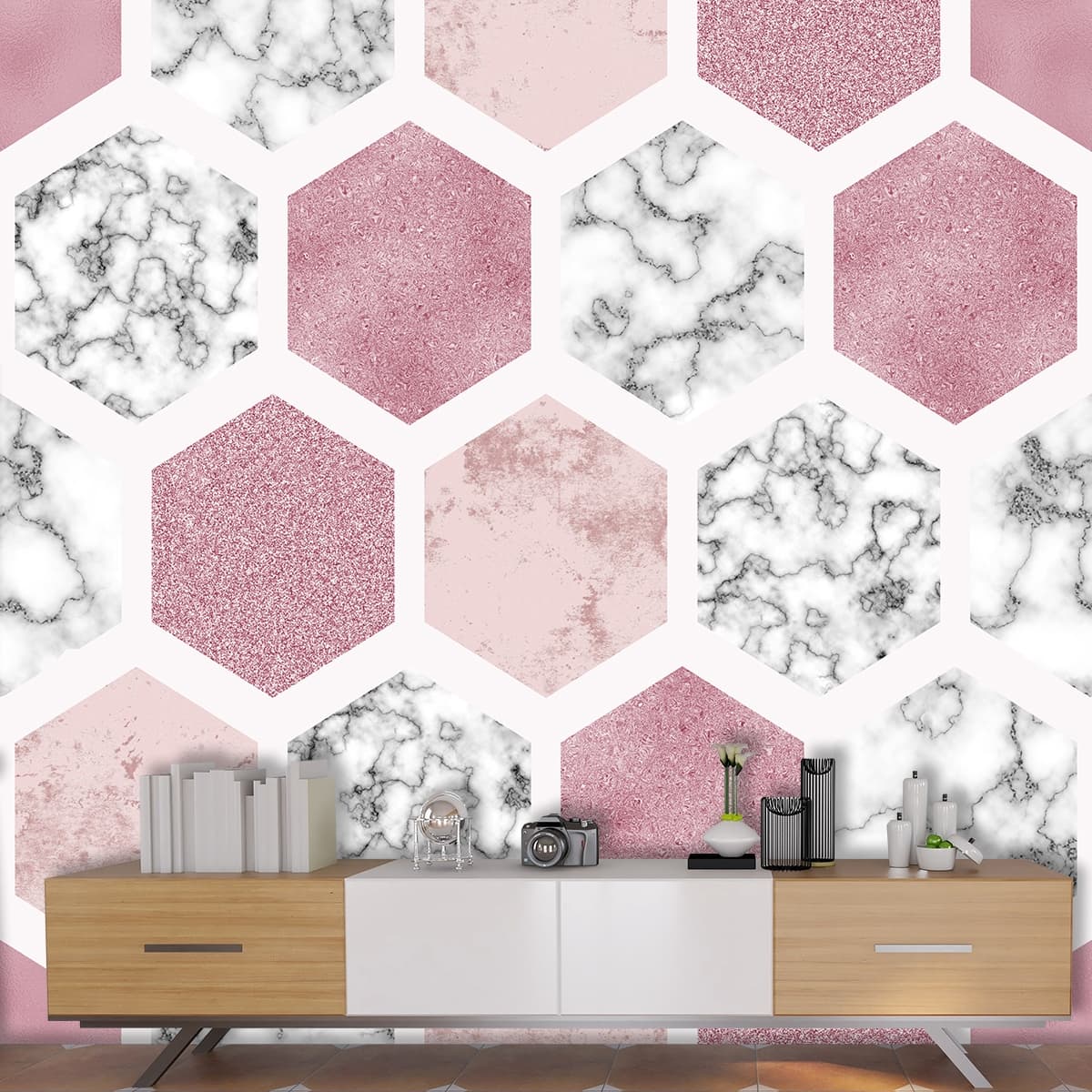 Elegant Pink and White Hexagon Pattern Wallpaper shown in a room