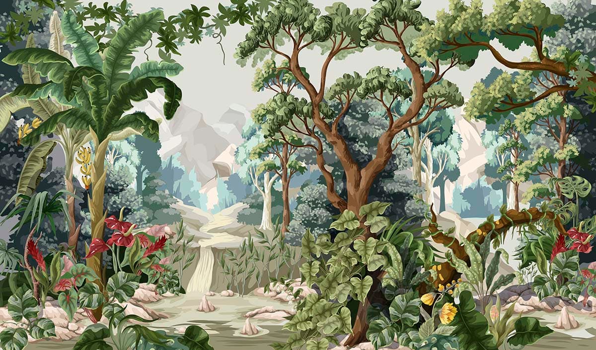 Lush Green Forest Landscape Painting wallpaper pattern detail