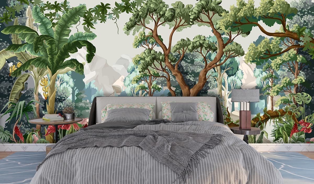 Lush Green Forest Landscape Painting wallpaper shown in a room