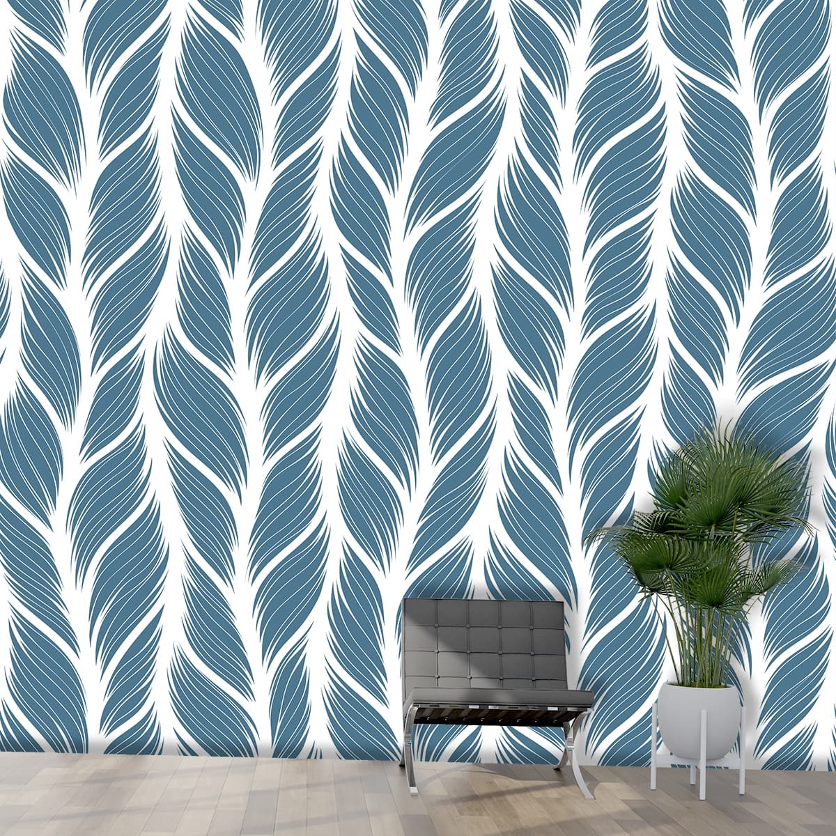 Blue and White Feather Pattern Wallpaper for Stylish Walls shown in a room