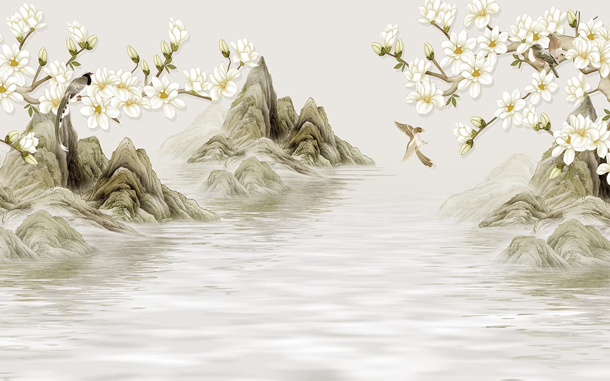 Serene Mountain Landscape with White Flowers and Water Wallpaper pattern detail