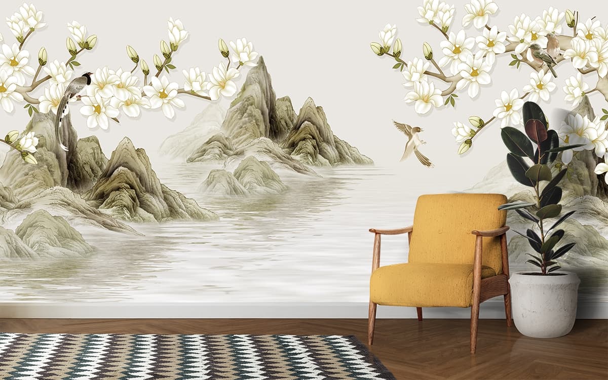 Serene Mountain Landscape with White Flowers and Water Wallpaper shown in a room
