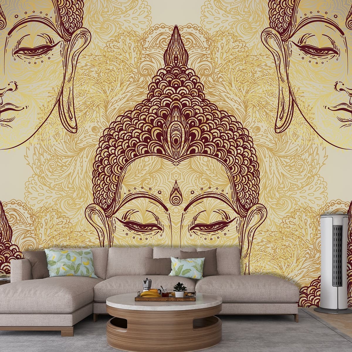 Spiritual Buddha Face Pattern Art Meditation Inspired Wallpaper shown in a room