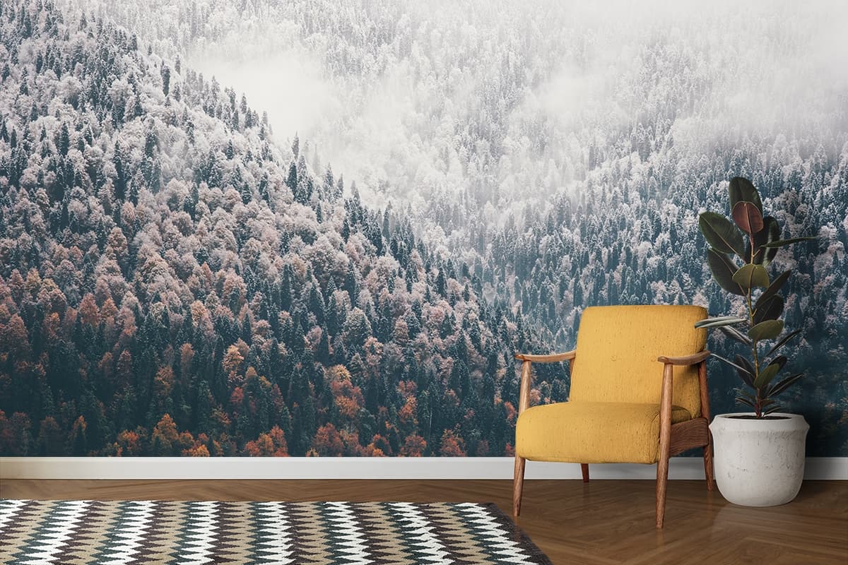 A snowy forest with trees shown in a room