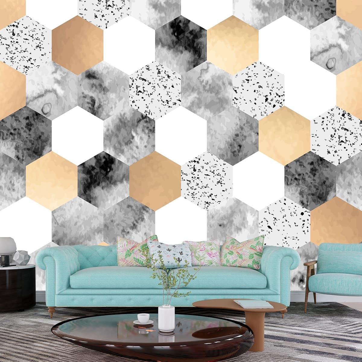 Gold and Grey Hexagon Pattern Modern Wallpaper shown in a room