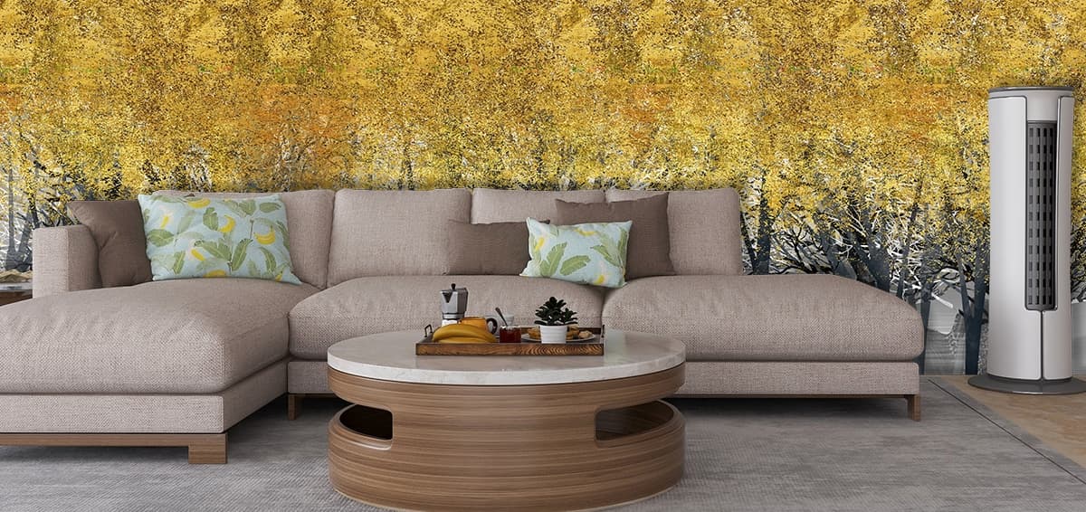 Autumn Yellow Leaves Forest Nature Theme wallpaper shown in a room