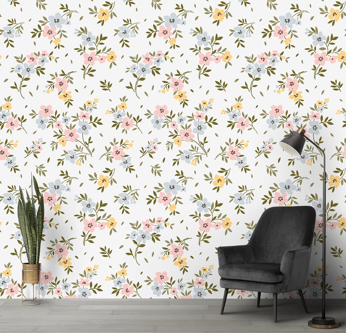 A Wallpaper Pattern of Small Colorful Flowers and Leaves shown in a room