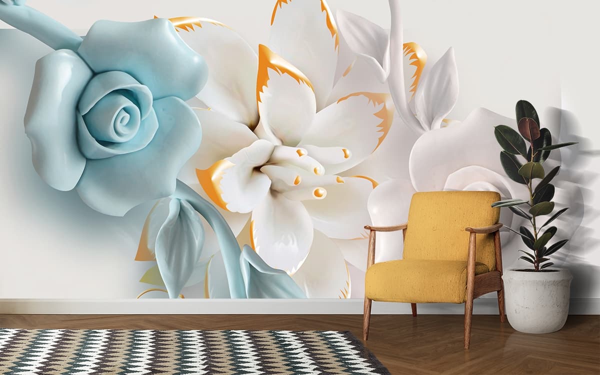 A 3D Wallpaper for Wall with Aesthetic Flowers shown in a room