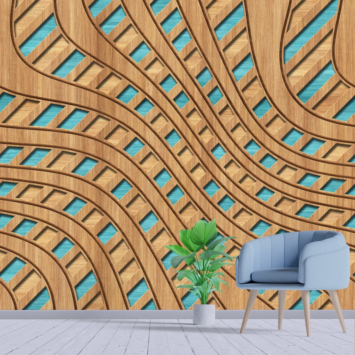Blue Line Geometric Wood Panel Pattern Wallpaper shown in a room