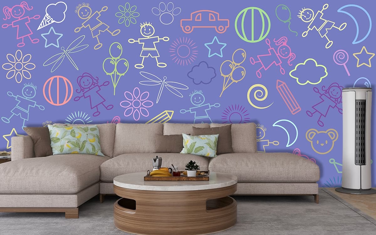 Children Drawings Kids Room Wallpaper shown in a room
