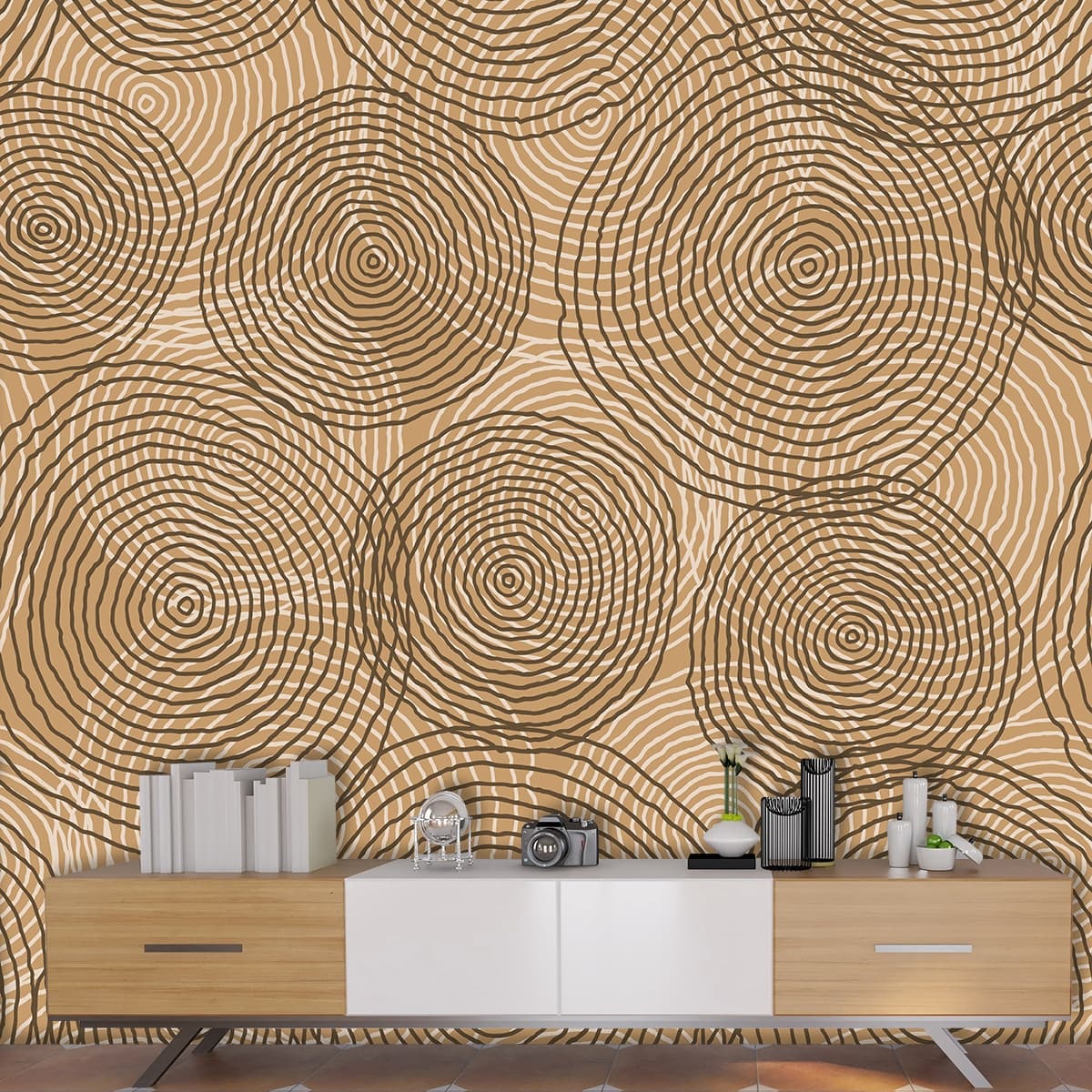 Premium Abstract Circle Wood Texture Wall Wallpaper shown in a room