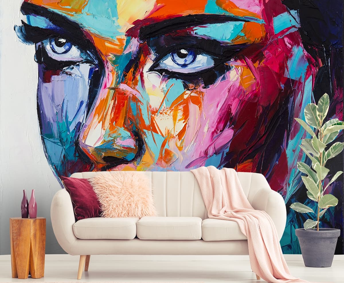 Classic Women's Face Painting Wallpaper Mural shown in a room