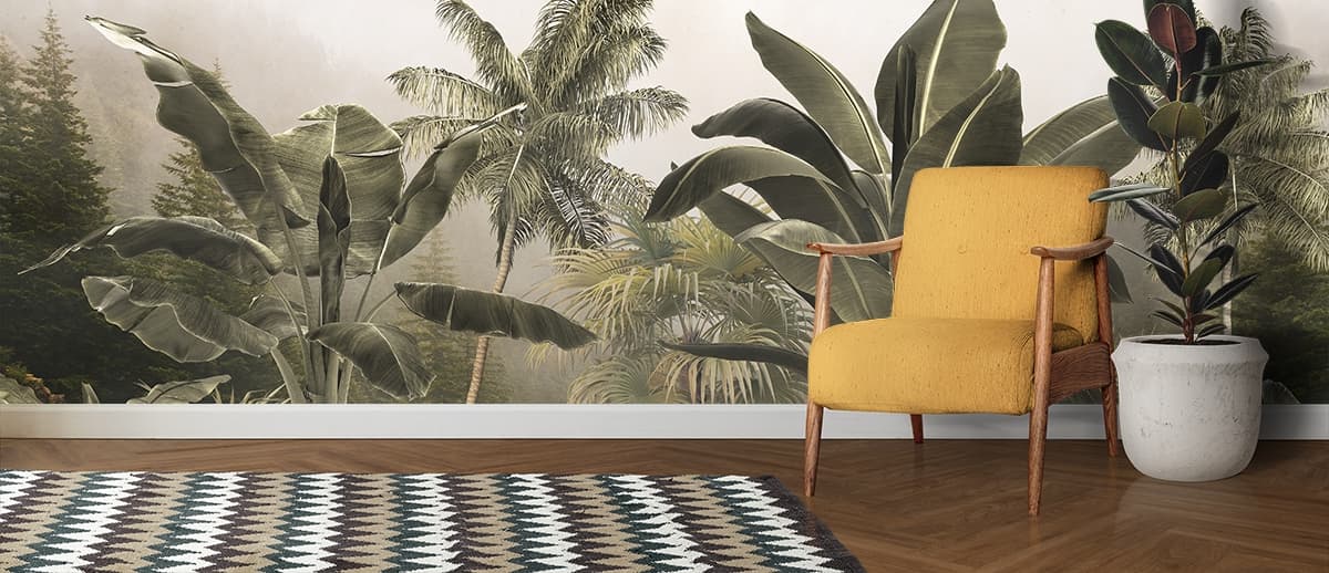 Warm Muted Tropical Forest Mural shown in a room