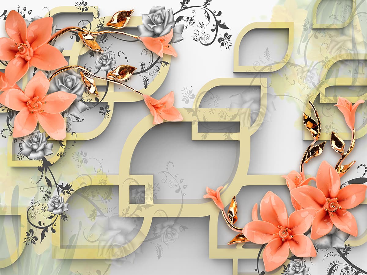 Pattern of Orange flowers with leaves wallpaper pattern detail