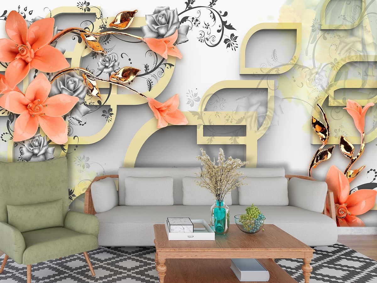 Pattern of Orange flowers with leaves wallpaper shown in a room