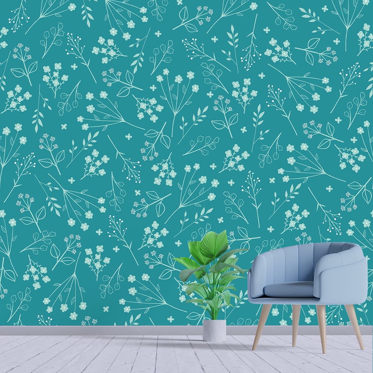 An Wallpaper Pattern of  White Motifs on Teal Blue shown in a room