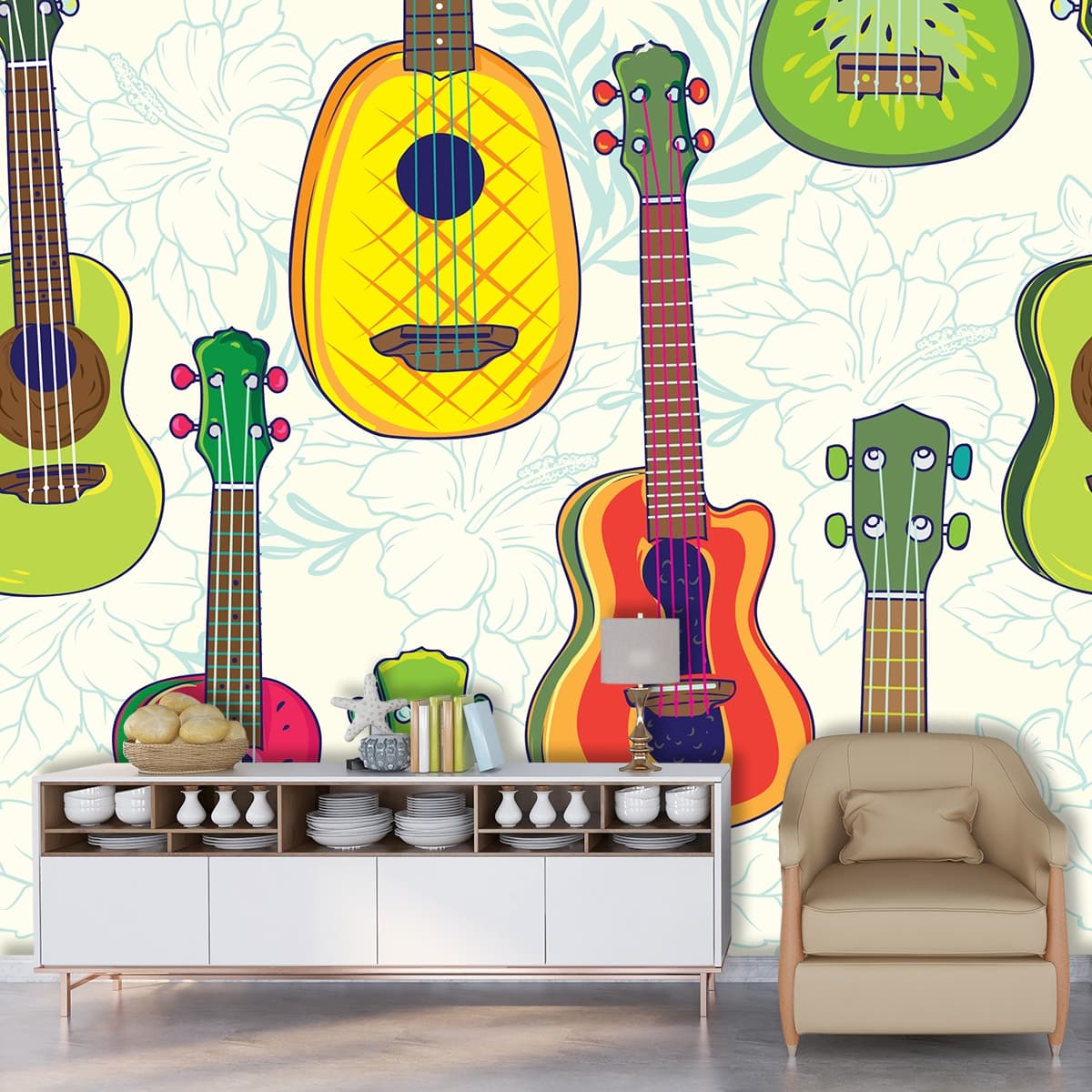 Modern Musical Guitar Art Wallpaper for Rooms wallpaper shown in a room