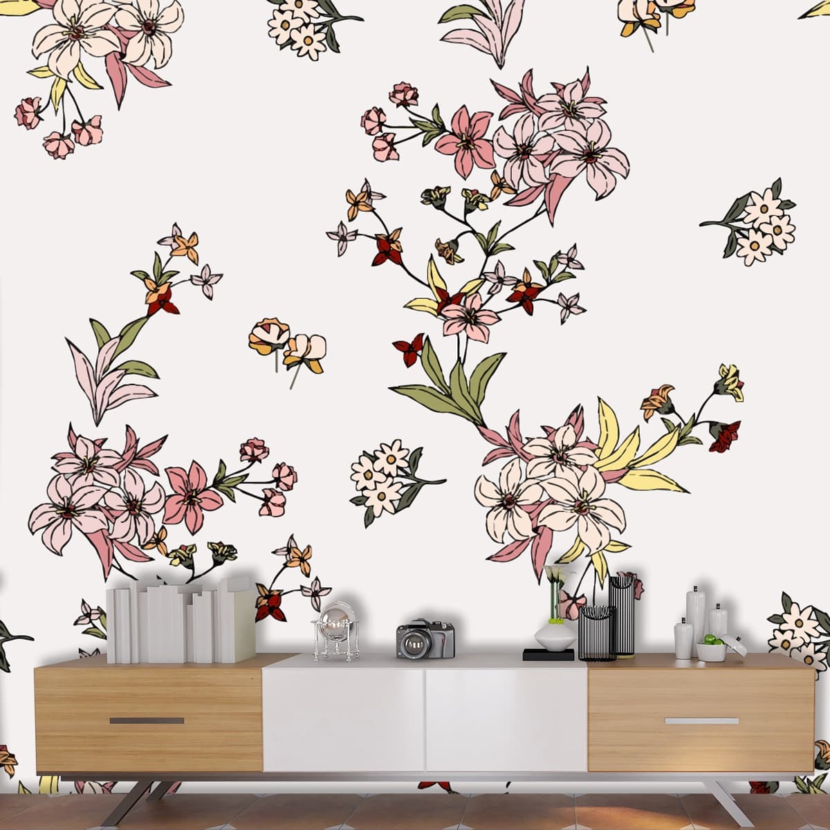 Elegant Nature Butterfly Floral Wall Art wallpaper shown in a room