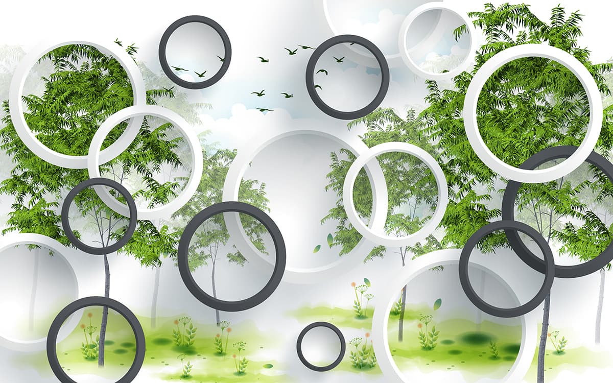 A wallpaper with circles and birds flying pattern detail