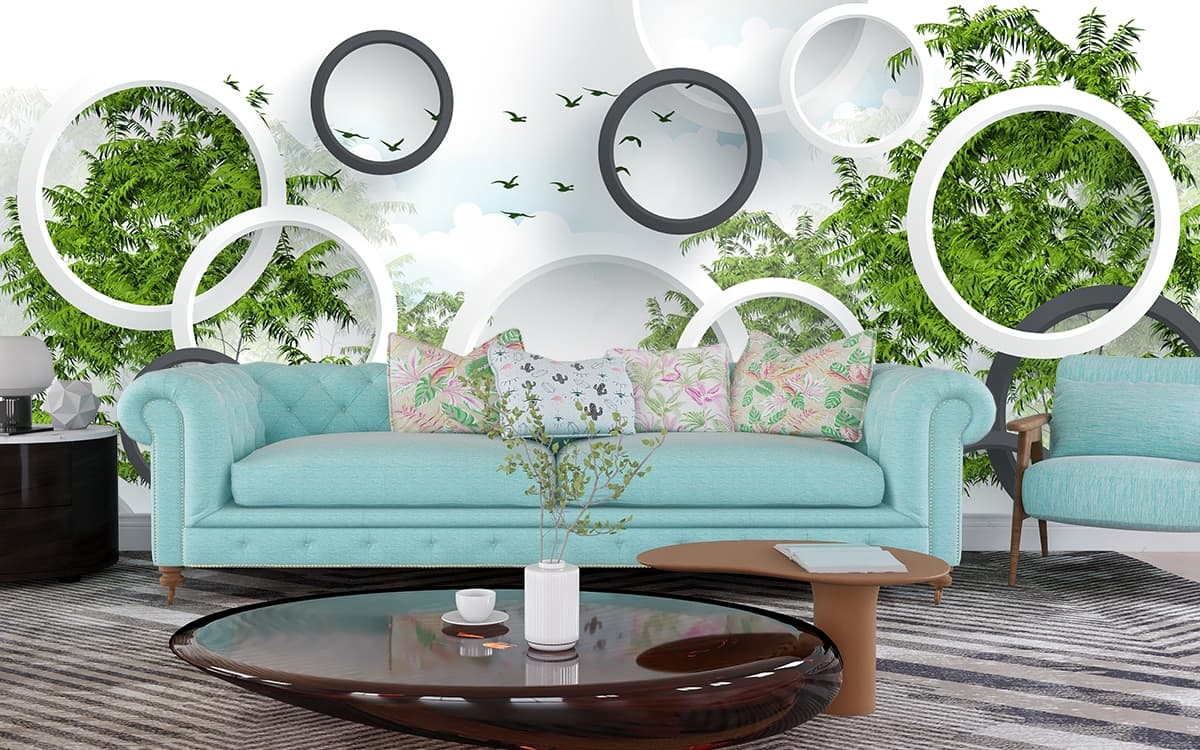 A wallpaper with circles and birds flying shown in a room