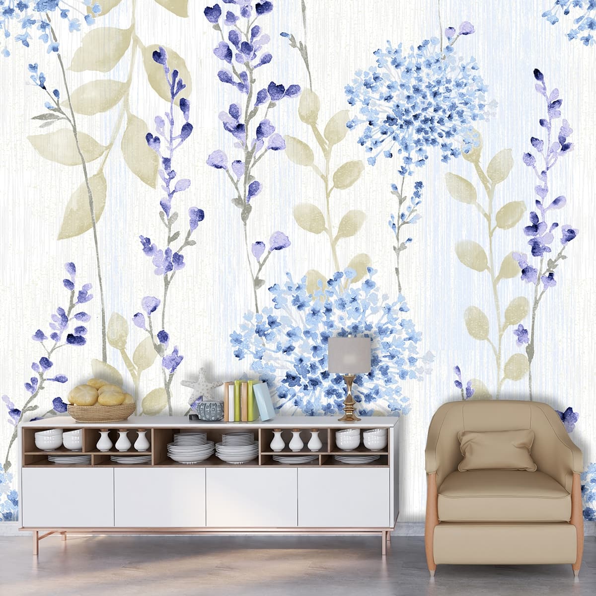 A wall covering vibrant flowers and leaves shown in a room