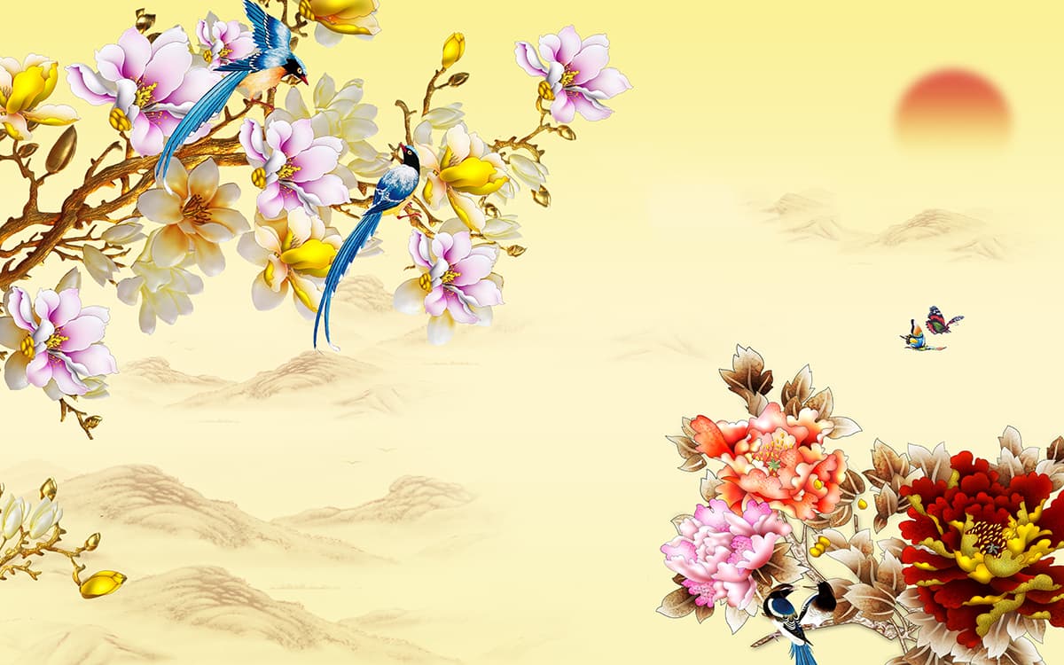 Nature Inspired Flowers and Birds Art Wallpaper pattern detail